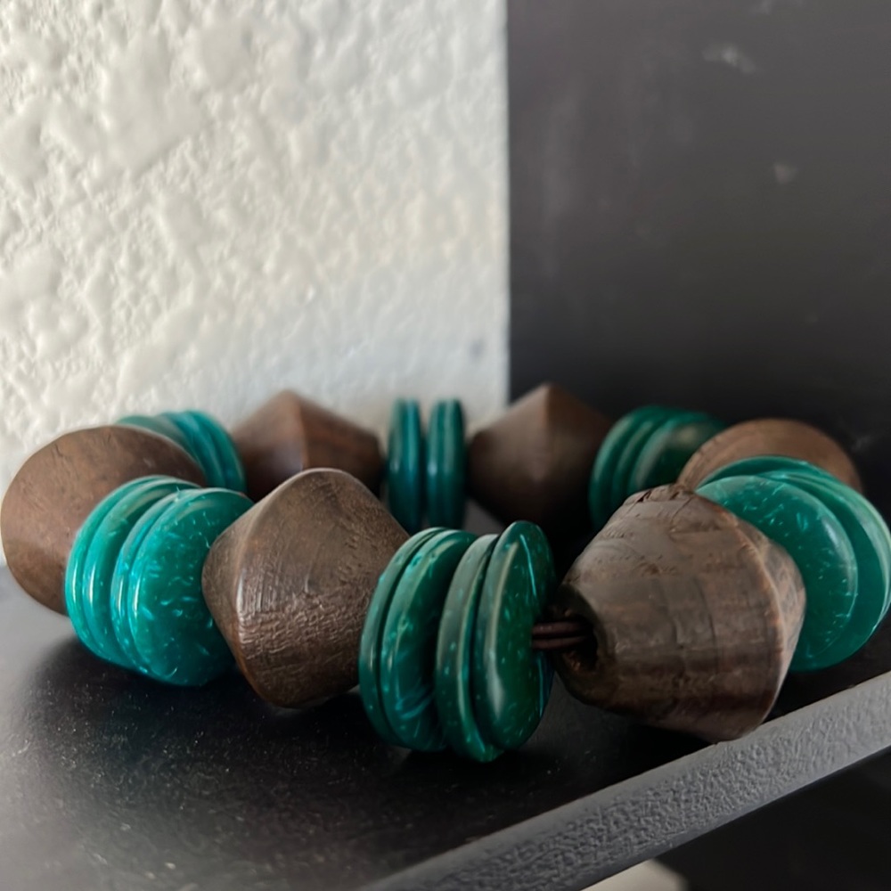 Turquoise and brown wood bracelet
